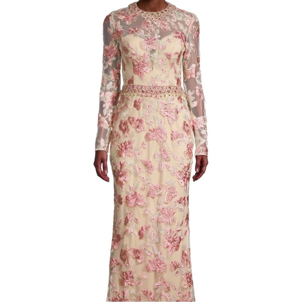 Mac Duggal Pink Floral Embroidered Tulle Column Gown 6